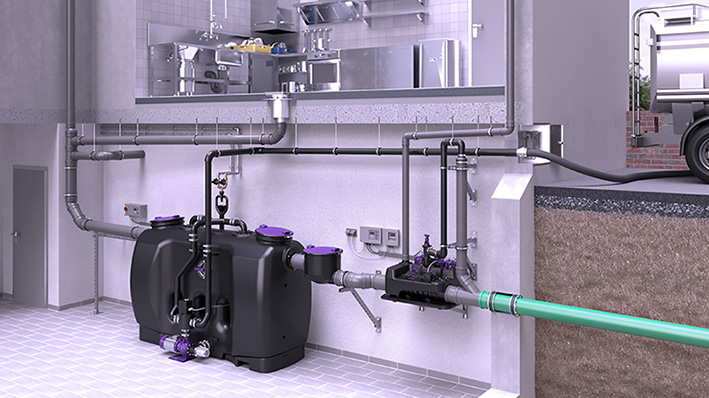 Einbauvorschlag Fettabscheider EasyClean free mit Hybrid-Hebeanlage Ecolift L Einbauvorschlag Fettabscheider EasyClean free mit Hybrid-Hebeanlage Ecolift L