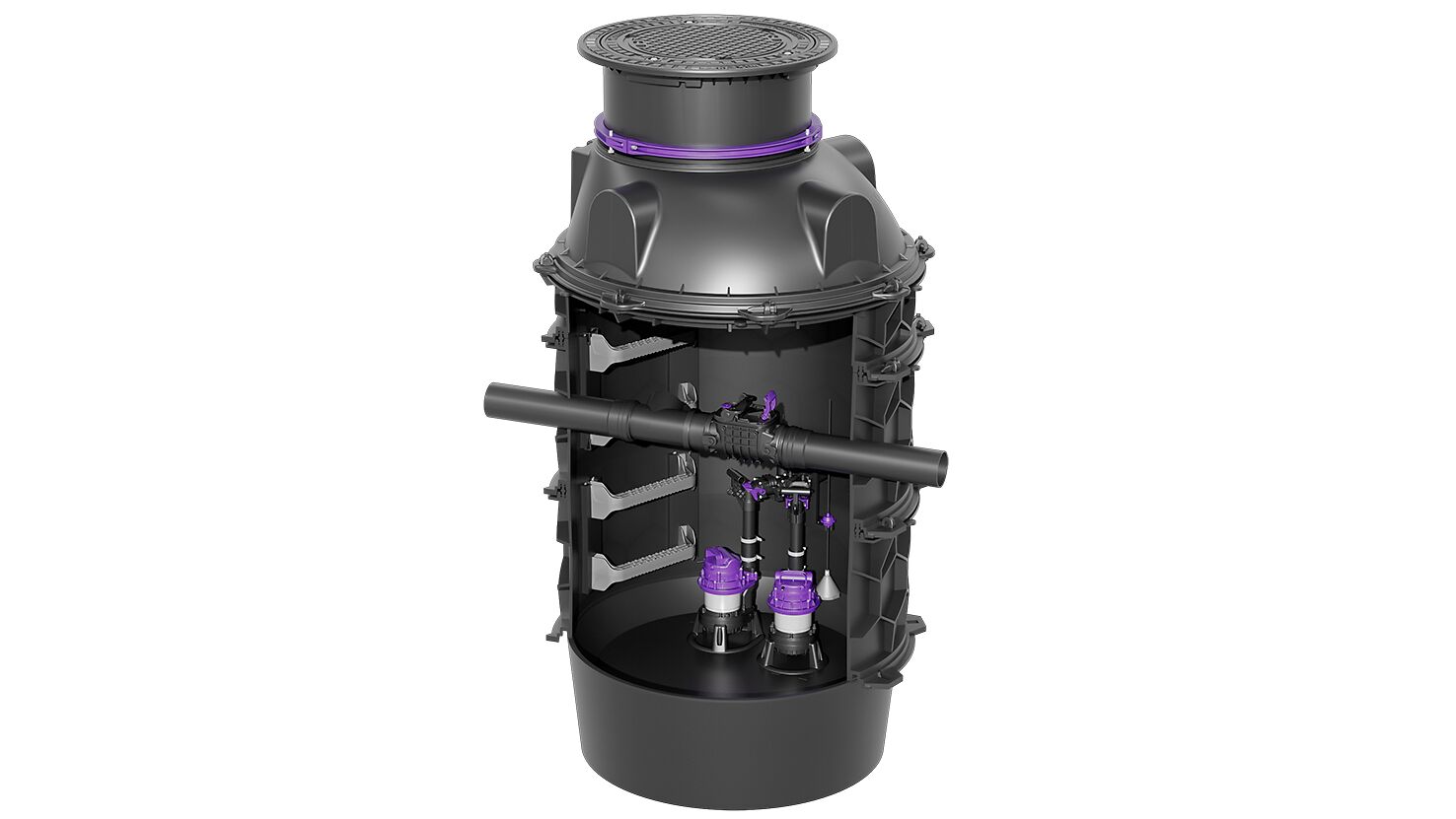 Produktabbildung einer Hybrid-Hebeanlage im Technikschacht mit Blick auf die Pumpen und das Durchlaufgerinne.
