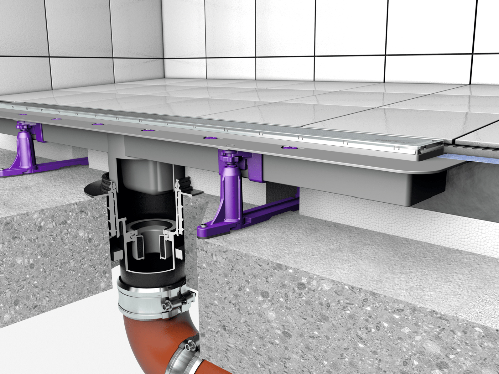 Installation diagram for the Ecoguss floor/roof drain with a Linearis Comfort shower channel