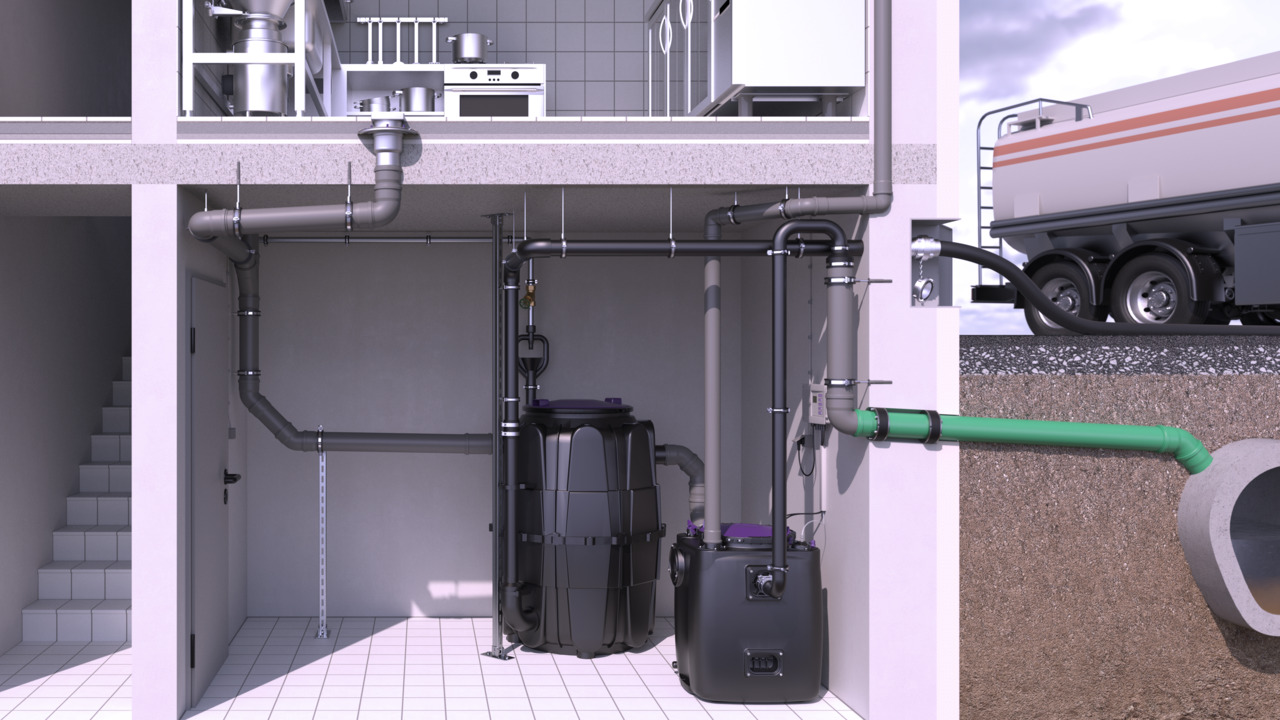 Einbaubeispiel Fettabscheider EasyClean Modular Direct mit Hebeanlage Aqualift 200 im Keller Einbaubeispiel Fettabscheider EasyClean Modular Direct mit Hebeanlage Aqualift 200 im Keller