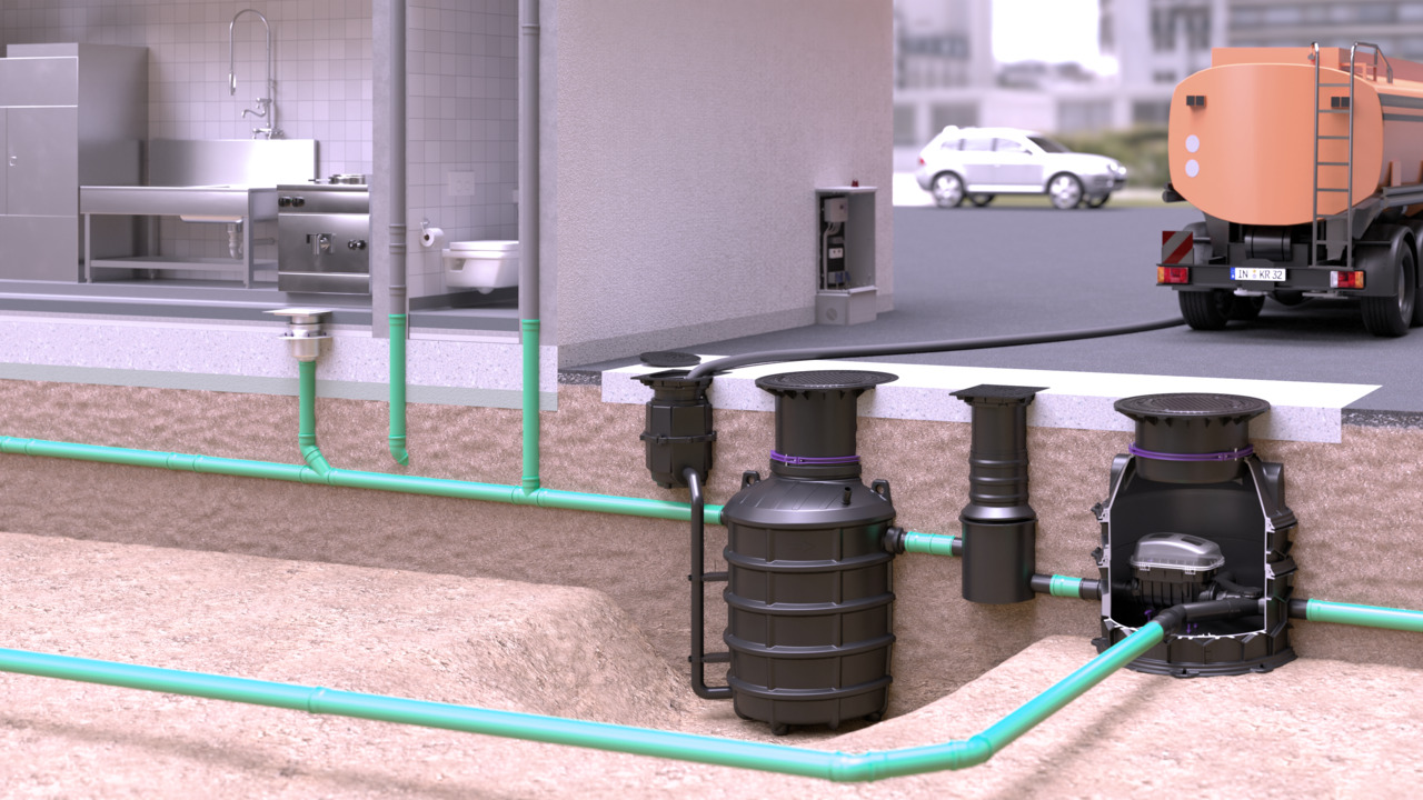Einbauvorschlag Fettabscheider EasyClean ground Direct mit Pumpfix F im Technikschacht Einbauvorschlag Fettabscheider EasyClean ground Direct mit Pumpfix F im Technikschacht