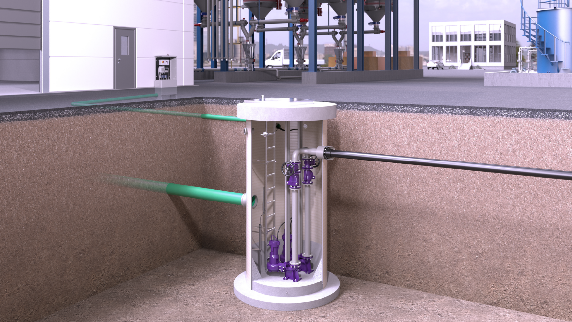 Darstellung eines glasfaserverstärkten Kunststoff GFK Schachtes mit Pumpen im Außenbereich einer Industrie-Anlage.