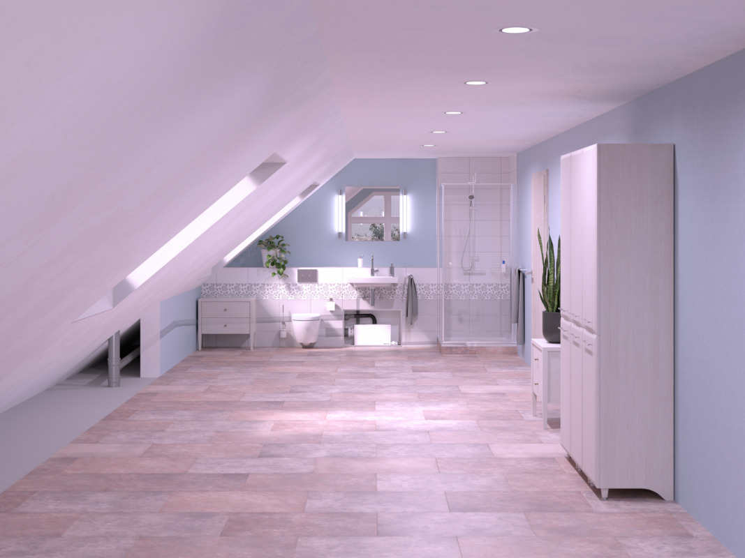 Einbaudarstellung einer Kleinhebeanlage Minilift L WC in einem Badezimmer mit Dachschräge mit Dusche, Waschbecken und Toilette. Die Kleinhebeanlage Minilift L WC ist in einem Schrank verbaut.