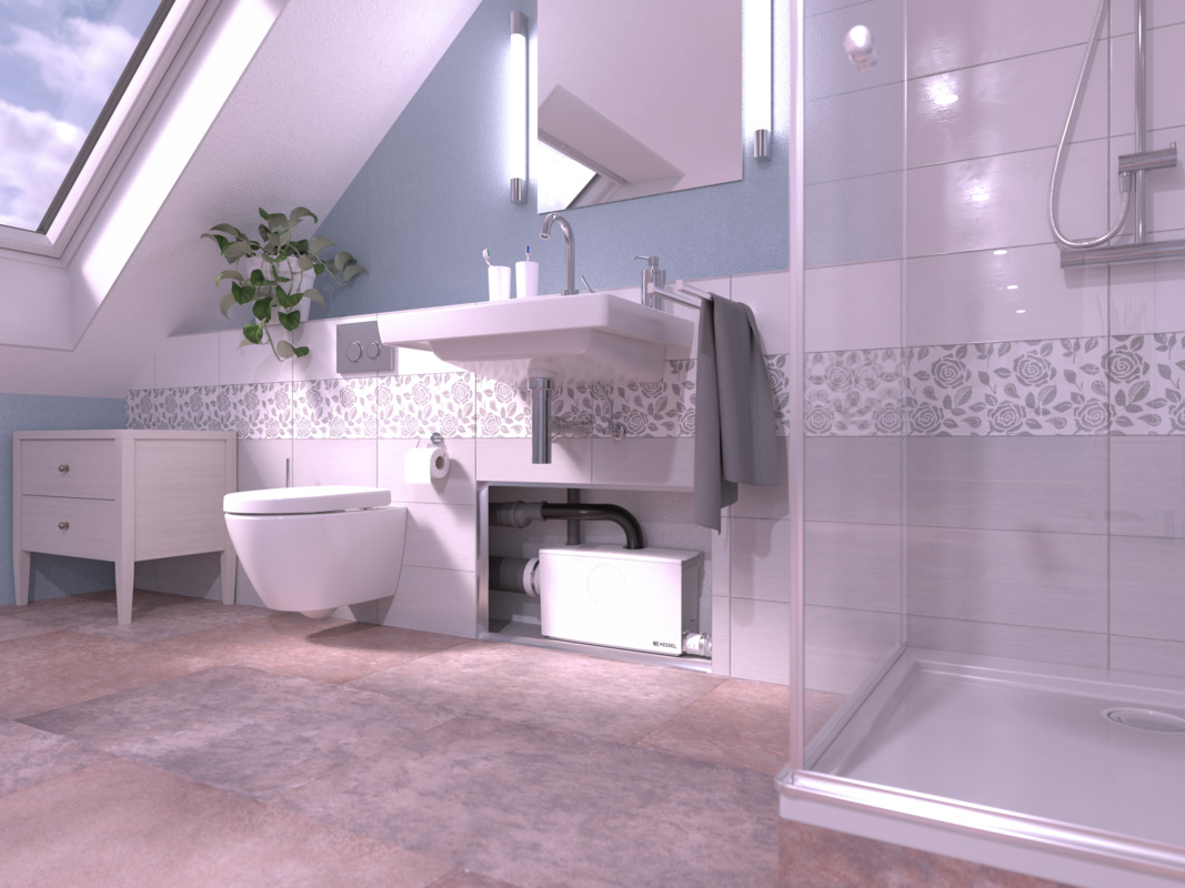 Detailaufnahme der Kleinhebeanlage Minilift L WC in einer Vorwandinstallation mit angeschlossener Toilette und Dusche