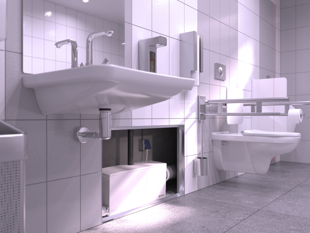 Nahaufnahme einer in der Vorwand verbauten Kleinhebeanlage mit angeschlossener Toilette und Waschbecken.