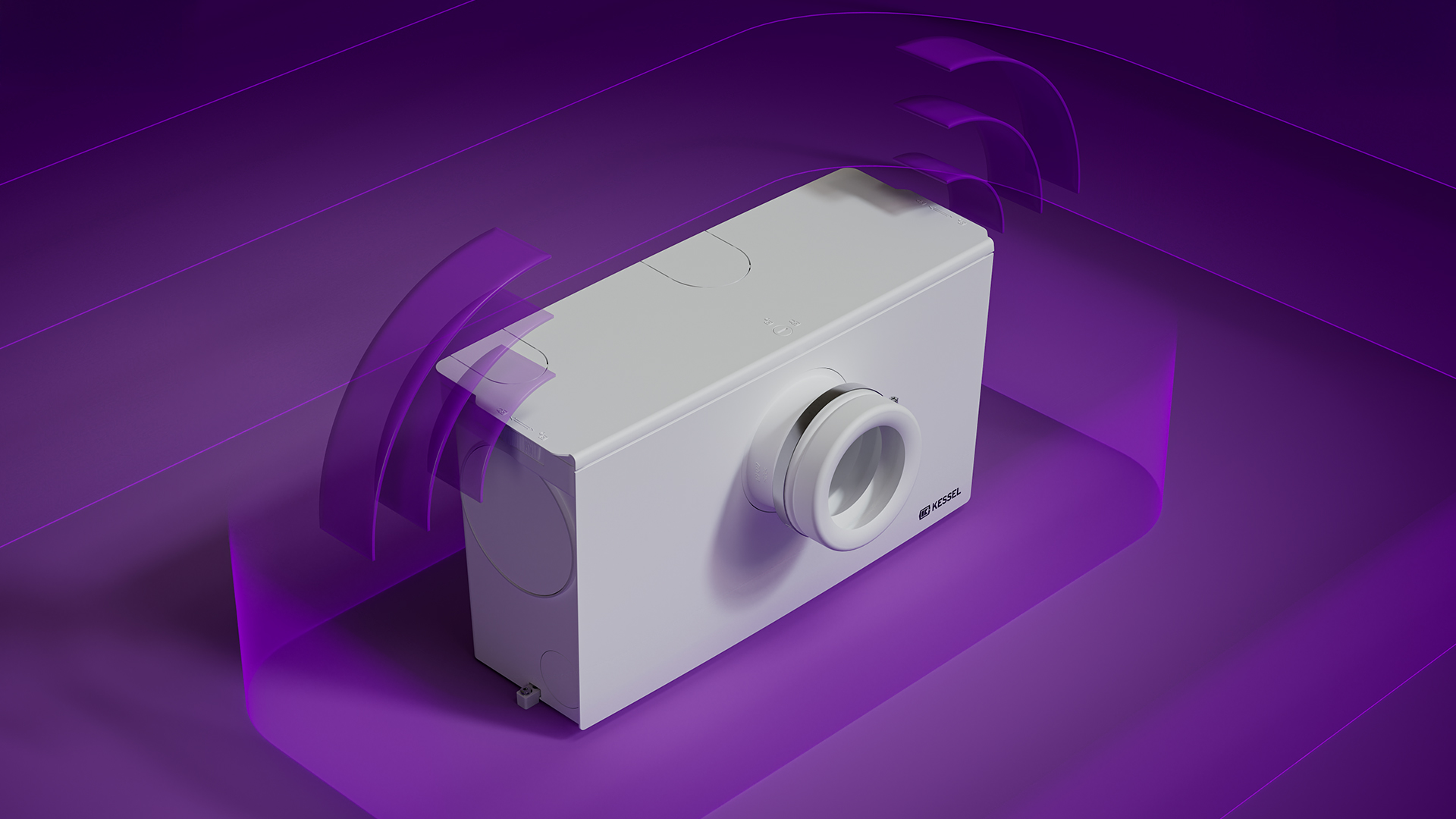 Kleinhebeanlage Minilift L WC mit schematisch dargestellten Schallwellen.
