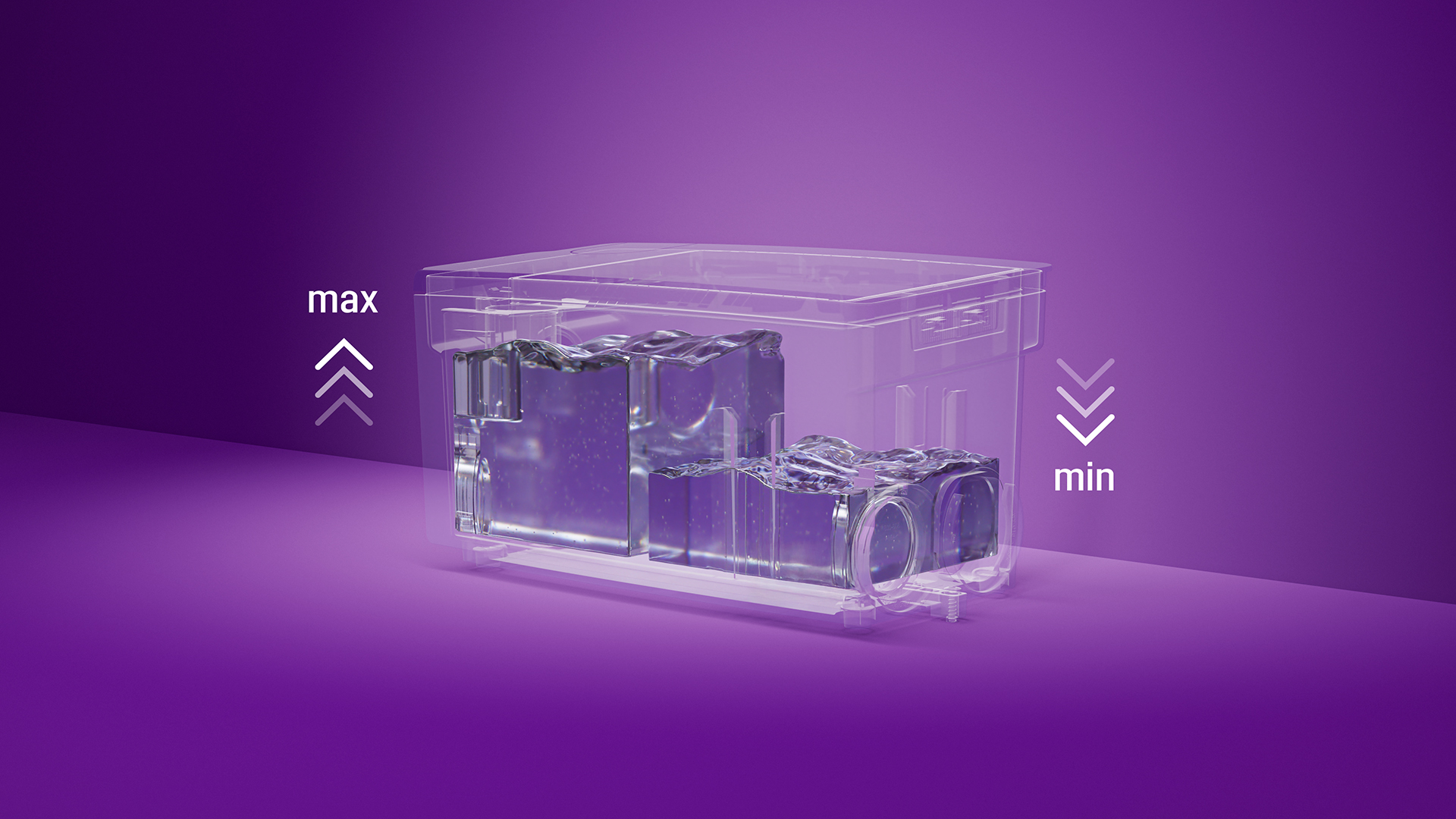 Darstellung eines Hebeanlagen-Behälters, bei dem auf der einen Seite die Füllhöhe hoch ist, auf der anderen Seite niedrig.