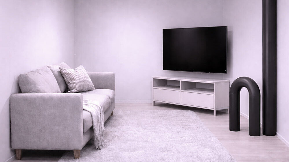 Schematische Darstellung eines Wohnzimmers, in dem mehrere Rohre aus dem Boden ragen und die Wohnfläche reduzieren.