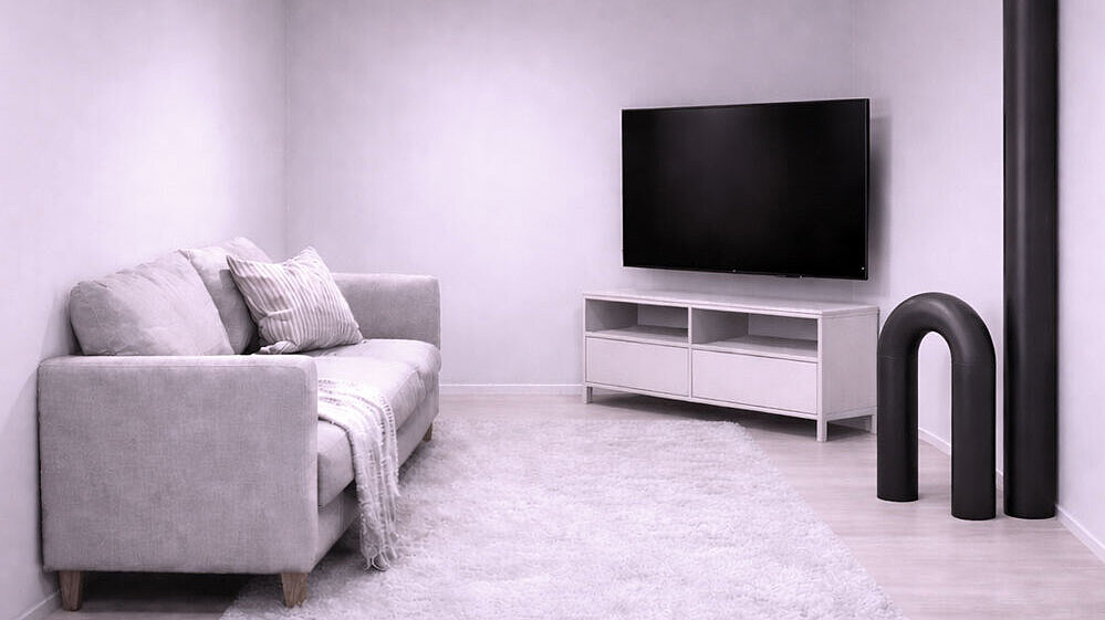 Schematische Darstellung eines Wohnzimmers, in dem mehrere Rohre aus dem Boden ragen und die Wohnfläche reduzieren.