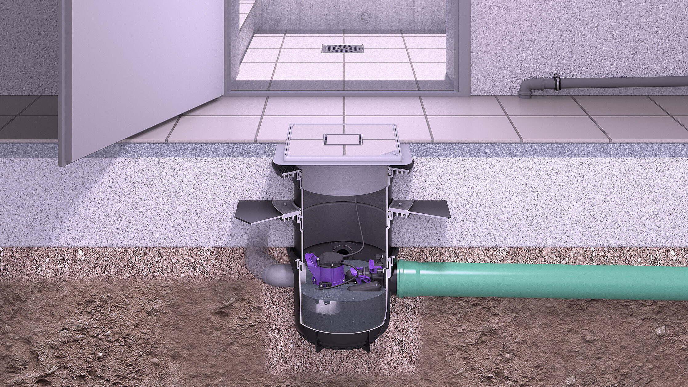 Einbaudarstellung Kellerablauf Pumpfix S Underfloor mit Zuläufen von weiteren Ablaufstellen Einbaudarstellung Kellerablauf Pumpfix S Underfloor mit Zuläufen von weiteren Ablaufstellen