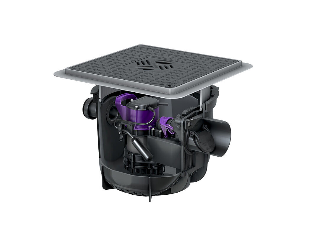 Kellerablauf Pumpfix S zum Einbau in die Bodenplatte, mit schwarzer Abdeckung Kellerablauf Pumpfix S zum Einbau in die Bodenplatte, mit schwarzer Abdeckung