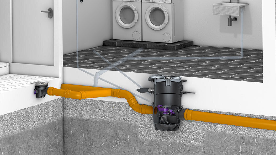 Einbaudarstellung Ableitung von Niederschlagswasser im Kellerbereich