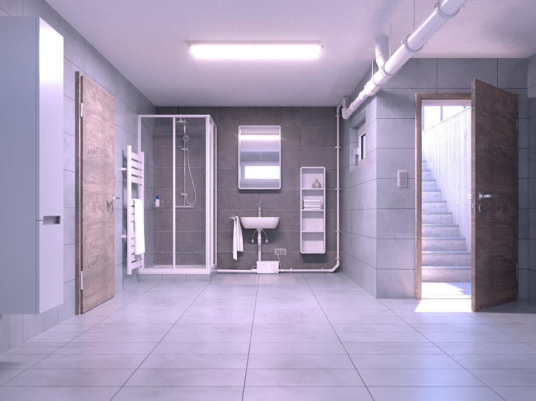 Einbaudarstellung Kleinhebeanlage Minilift S Kleinhenbeanlage Minilift S nachträglich eingebaut in einem Bad im Untergeschoss.