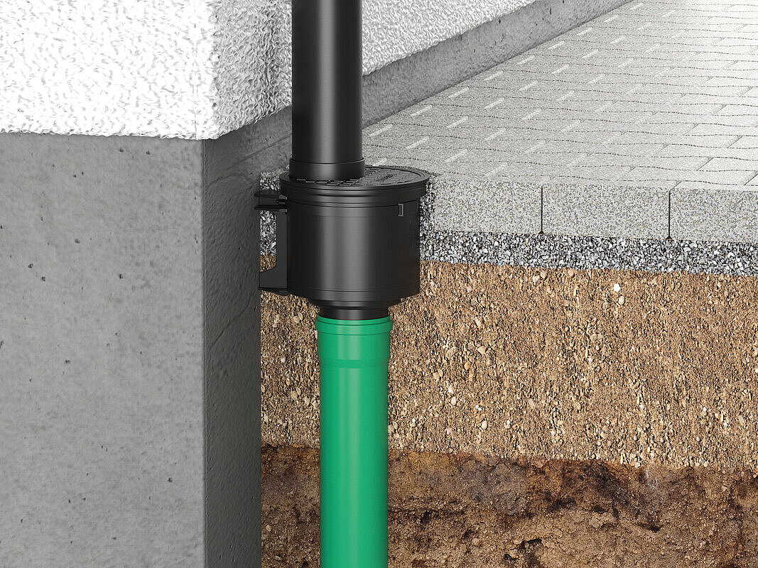 Einbaudarstellung Regenablauf mit senkrechtem Auslauf Einbaudarstellung Regenablauf mit senkrechtem Auslauf