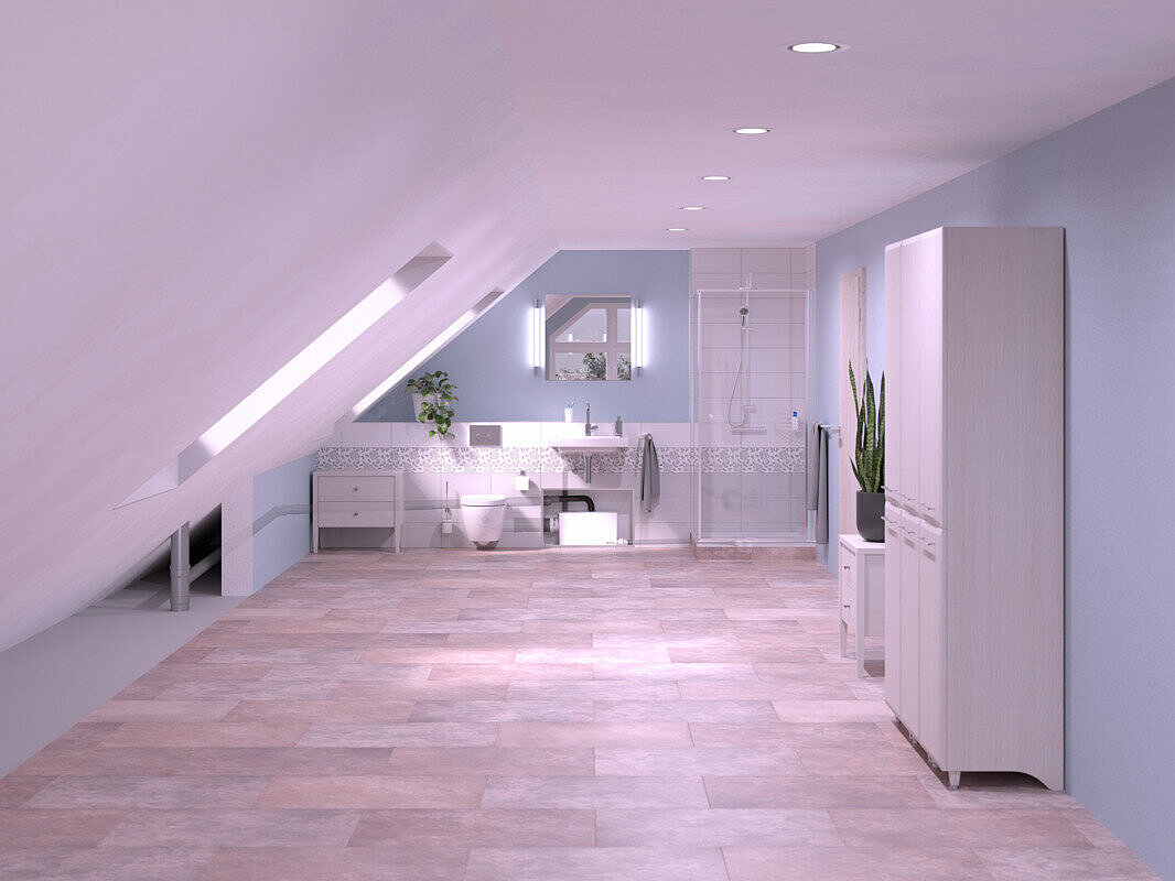 Einbaudarstellung einer Kleinhebeanlage Minilift L WC in einem Badezimmer mit Dachschräge mit Dusche, Waschbecken und Toilette. Die Kleinhebeanlage Minilift L WC ist in einem Schrank verbaut.
