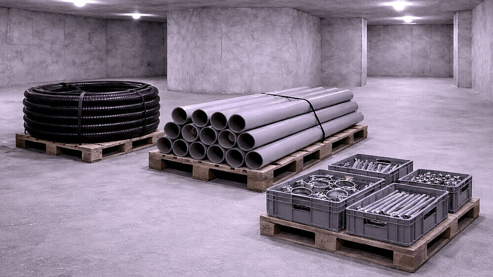 Schematische Darstellung eines Kellerraumes mit verschiedenen Montagematerialien.