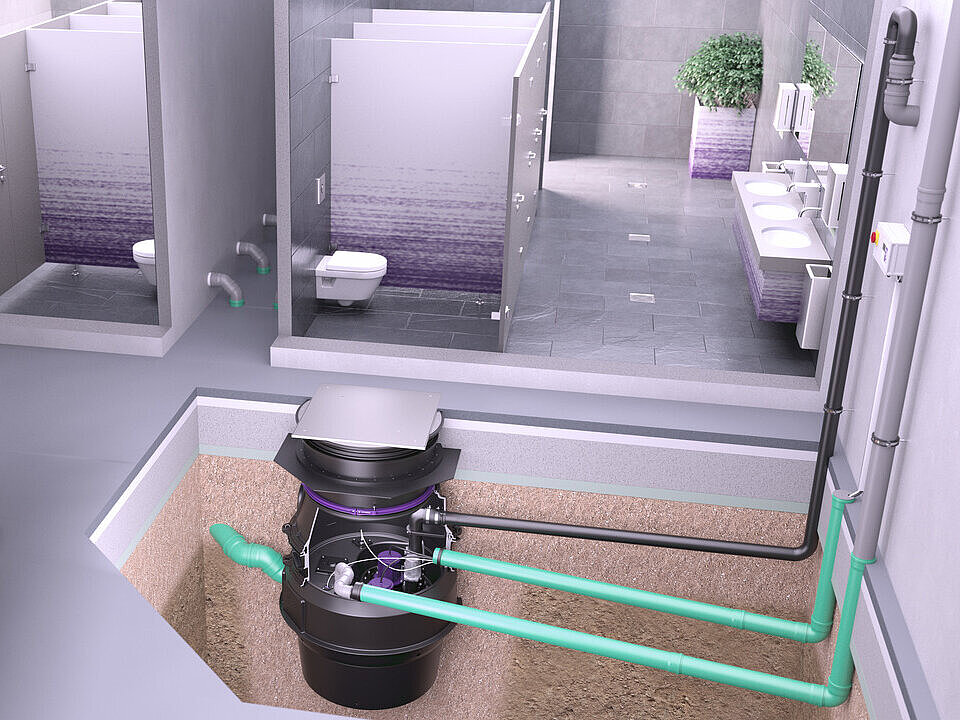 Installation diagram for Aquapump XL, dry installation for faecal wastewater